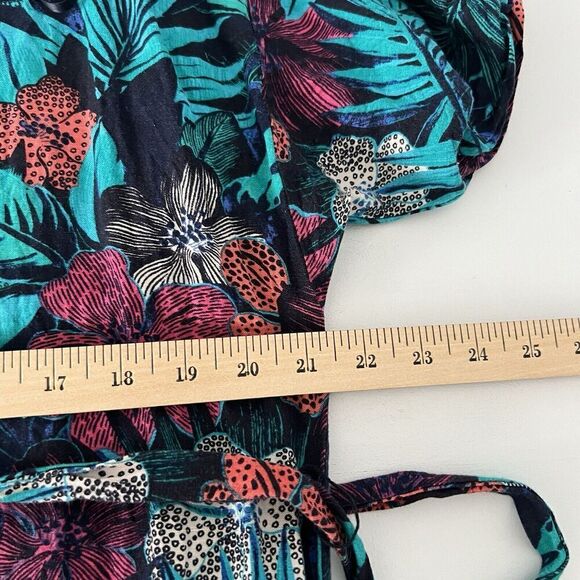 Ann Taylor Loft Linen Tropical Dress Womens Sz14 Blue Short Sleeve Tie Waist - Picture 9 of 10